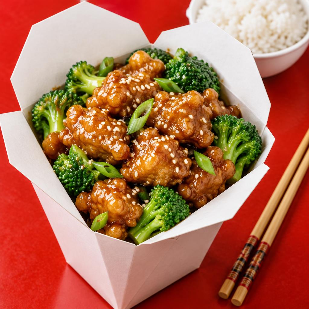 Golden sesame chicken in a takeout box with fresh broccoli